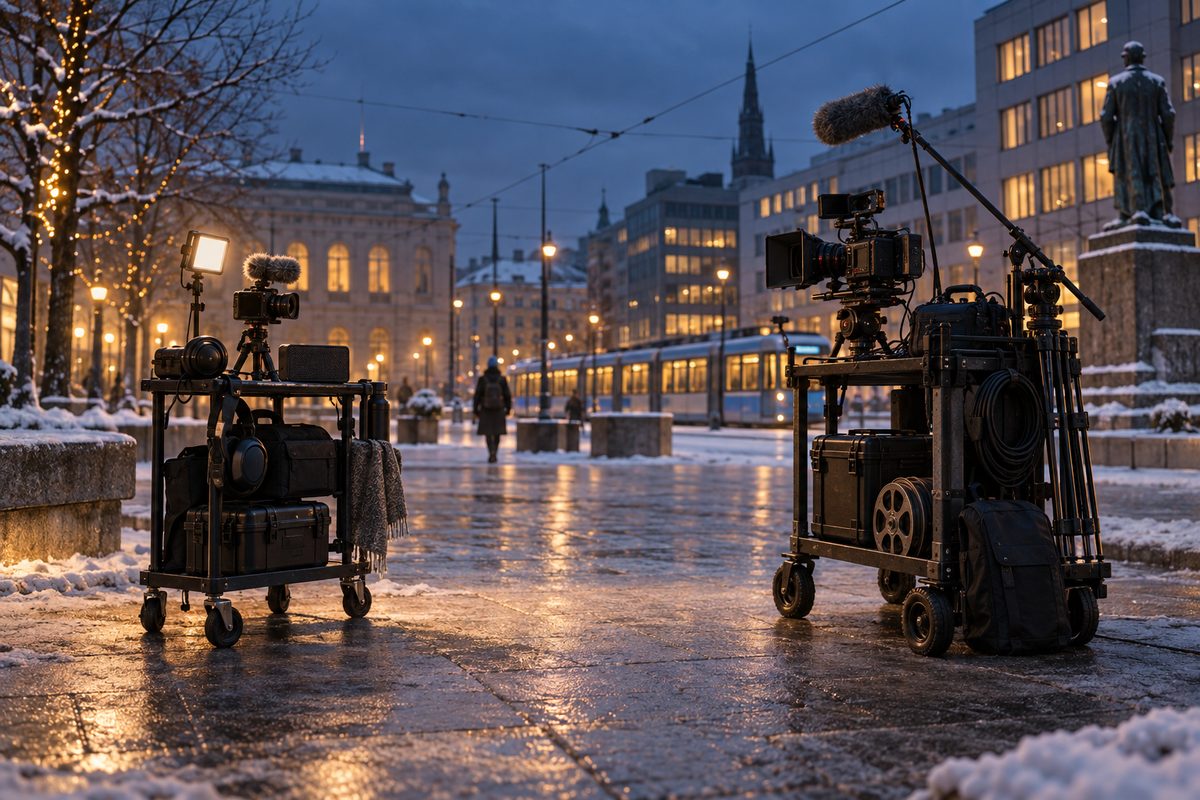 Snødekt nordisk bytorg i blåtime med en liten filmvogn til venstre og en større kamera- og lydrigg til høyre.