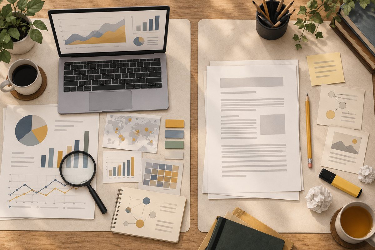 Et SEO-arbeidsbord sett ovenfra viser analyseark, diagrammer og lupe ved siden av et manus med markeringer og blyant.