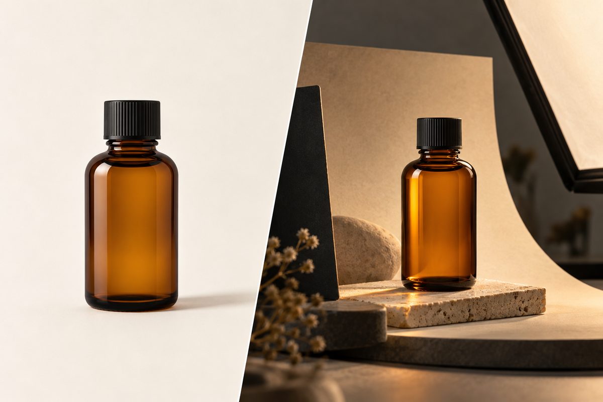 To like ravflasker står i hver sin produktsetting, fra enkel lys bakgrunn til kontrollert studio med reflektor og varmt sidelys.