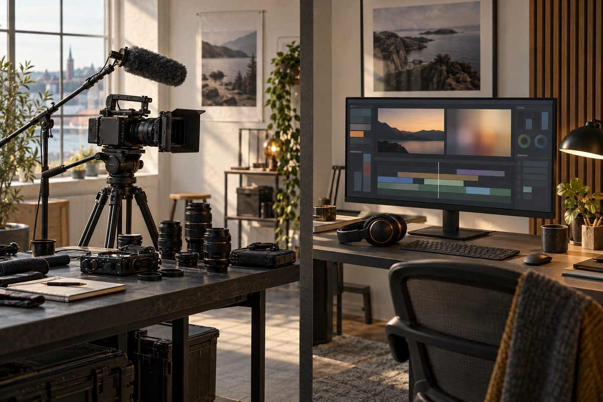 Videokamera, mikrofon og objektiver står side om side med en skjerm for klipping i et lyst nordisk studio.