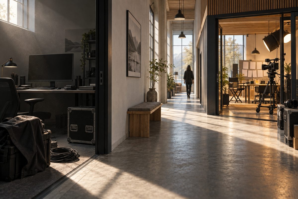 En mørk og forlatt redigeringsplass står i kontrast til et lyst, aktivt videostudio innerst i en nordisk korridor.