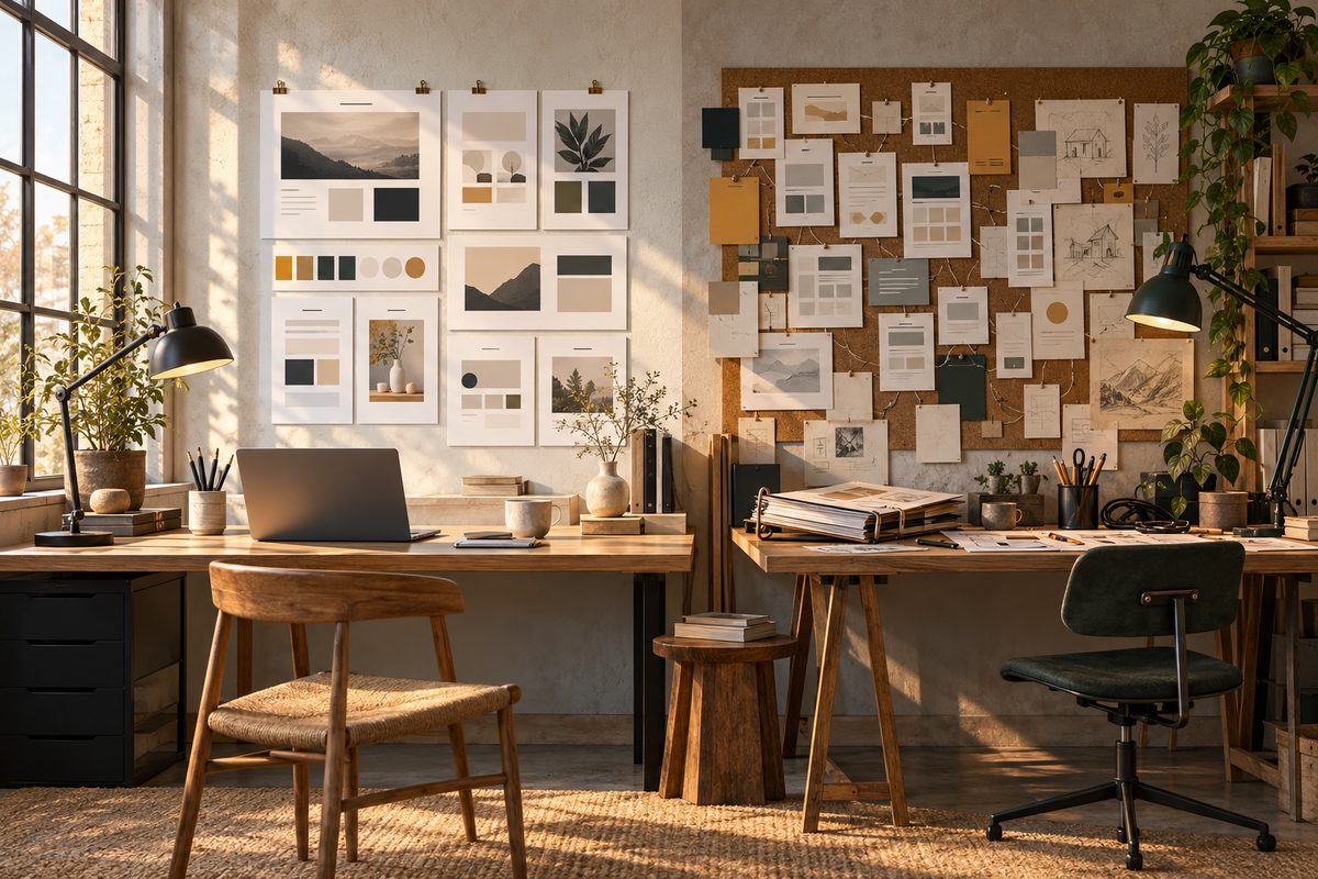 Et kreativt atelier viser ryddige nettsideutkast ved vinduet og en tett vegg med modulære skisser over arbeidsbordet.