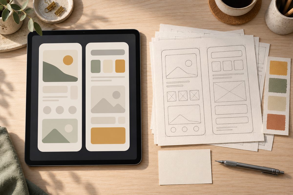 En nettbrettskjerm med ryddige UI-felt står ved siden av håndtegnede wireframes, fargeprøver og en blyant.