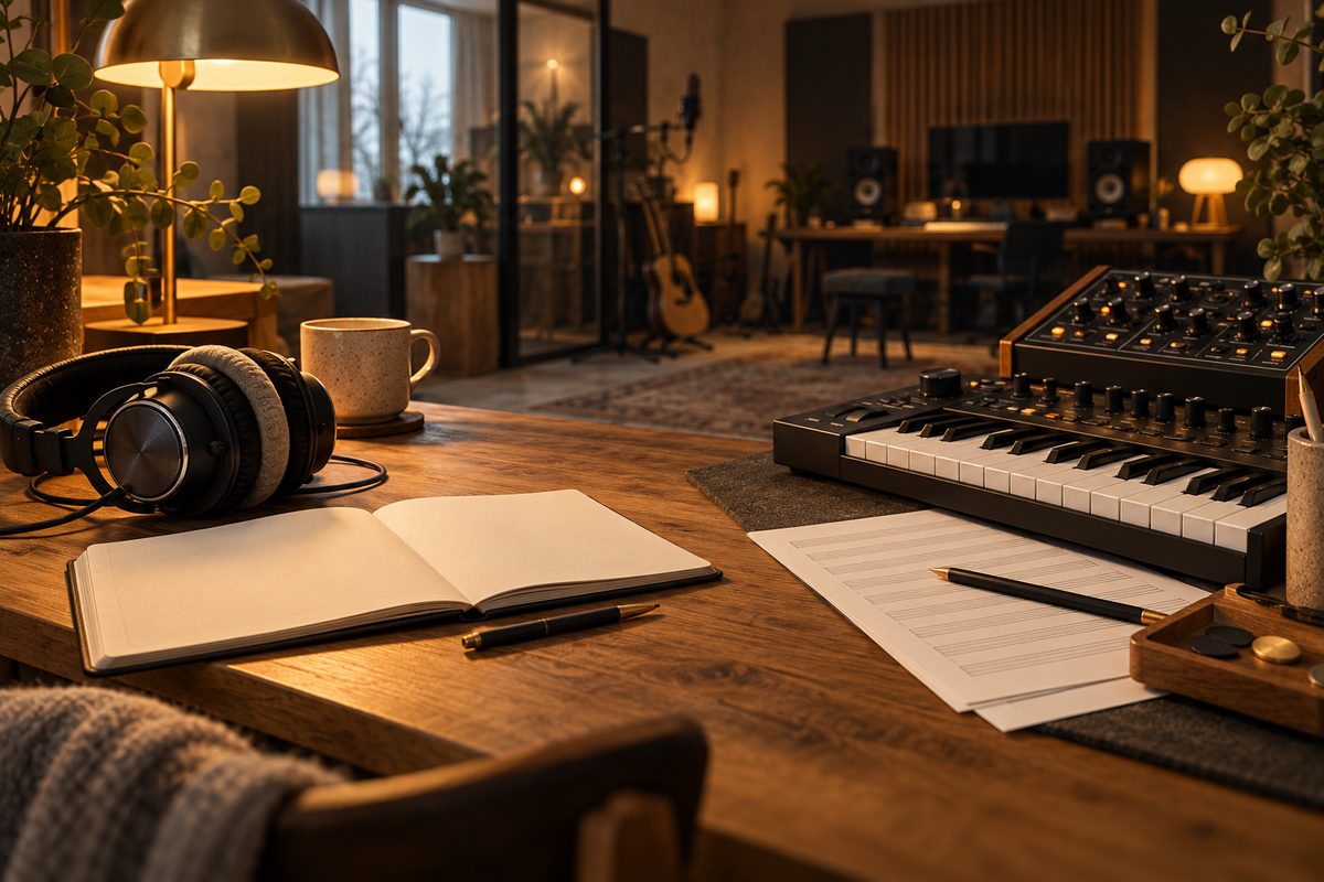 Hodetelefoner og en åpen notatbok ligger ved siden av et keyboard og noteark i et varmt opplyst musikkstudio.