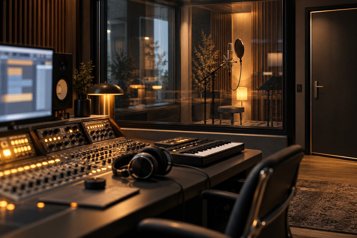 Et tomt vokalrom med mikrofon bak glass vender mot miksebord, hodetelefoner og keyboard i et mørkt studio.