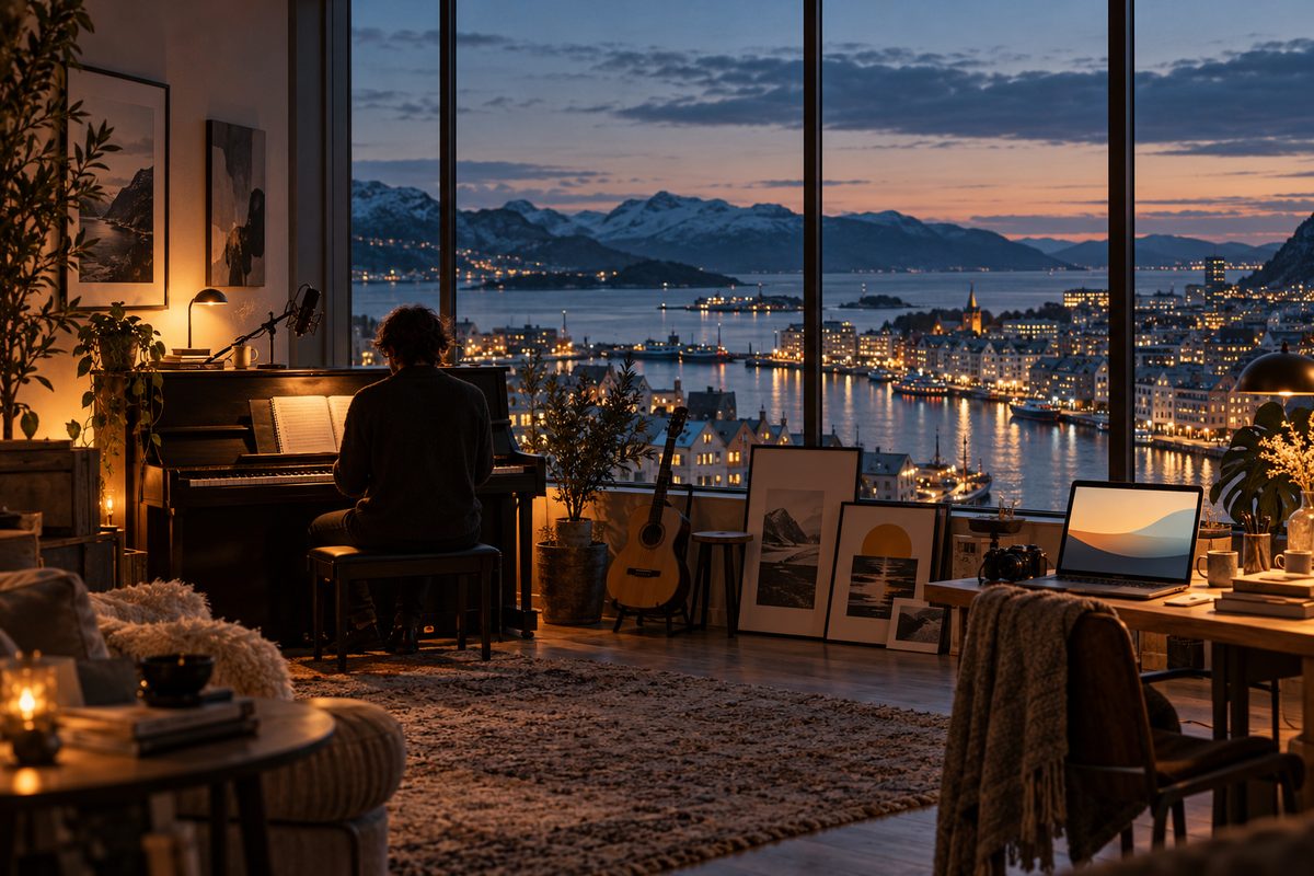 En silhuett spiller piano ved et vindu mot fjordbyen i skumring, med mikrofon og bærbar skjerm i rommet.