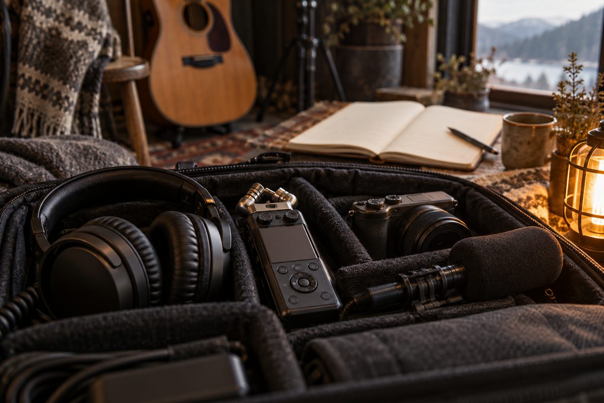 Hodetelefoner, lydopptaker, kamera og mikrofon ligger i en utstyrsveske foran gitar og åpen notatbok.