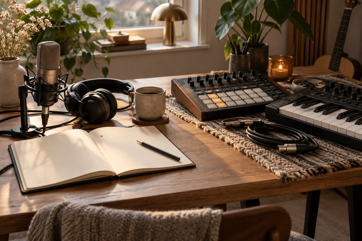 En mikrofon og hodetelefoner står ved en åpen notatbok, mens samplere, keyboard og kabler fyller et lunt hjemmestudio.