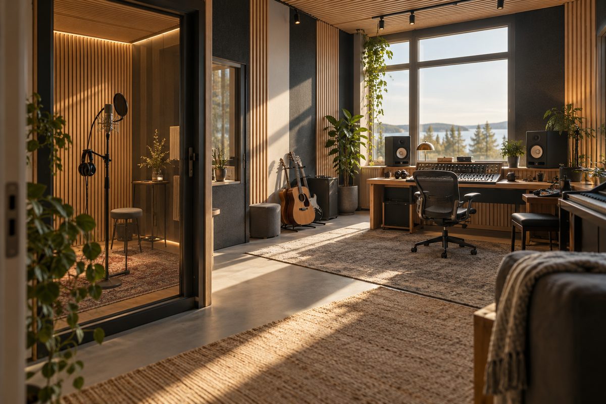Et lydstudio med mikrofon i glassbåsen, gitarer ved veggen og mikser og høyttalere badet i sollys fra vinduet.