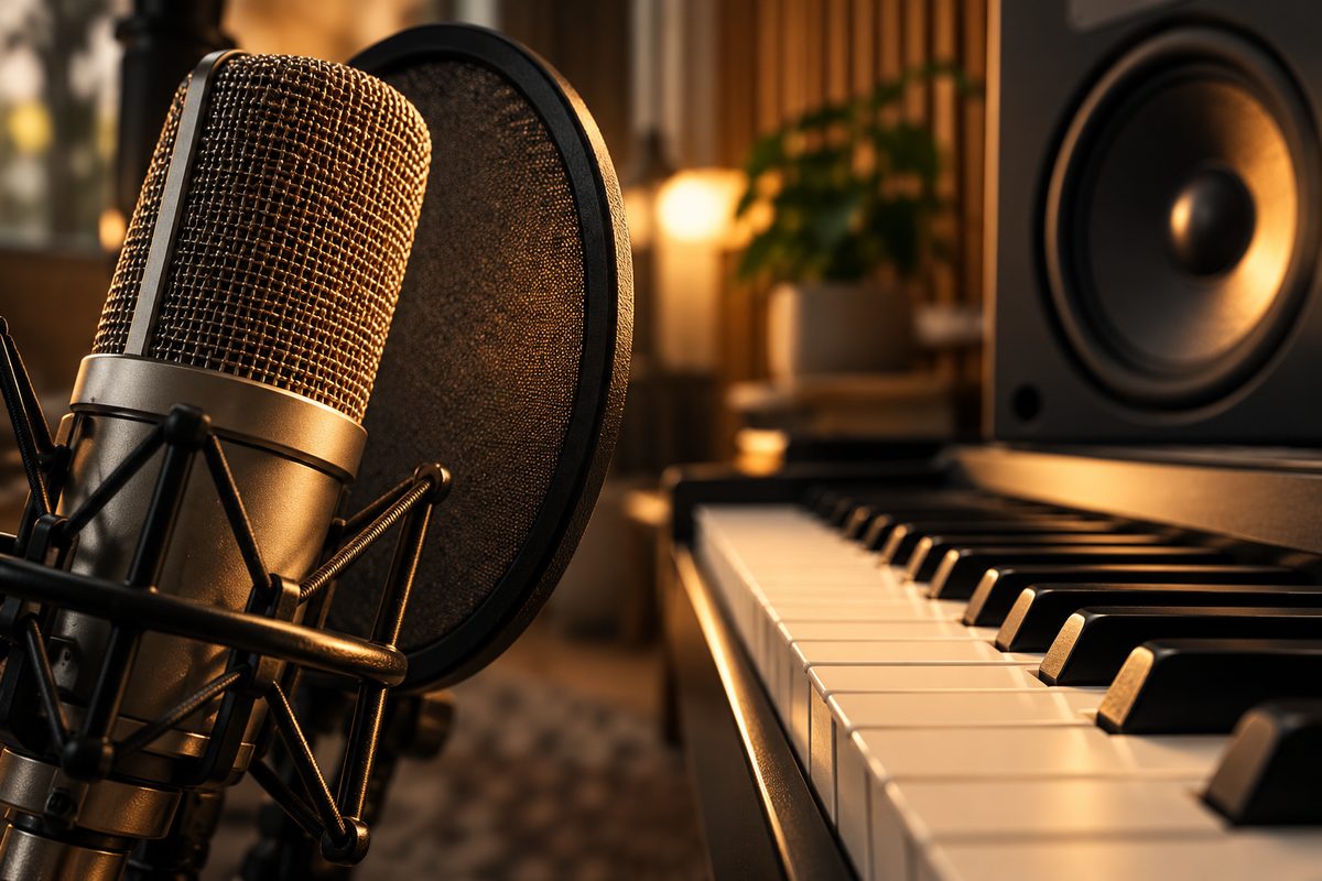 Mikrofon med popfilter dominerer forgrunnen, mens pianotangenter og en studiemonitor ligger i varmt, mykt fokus bak.