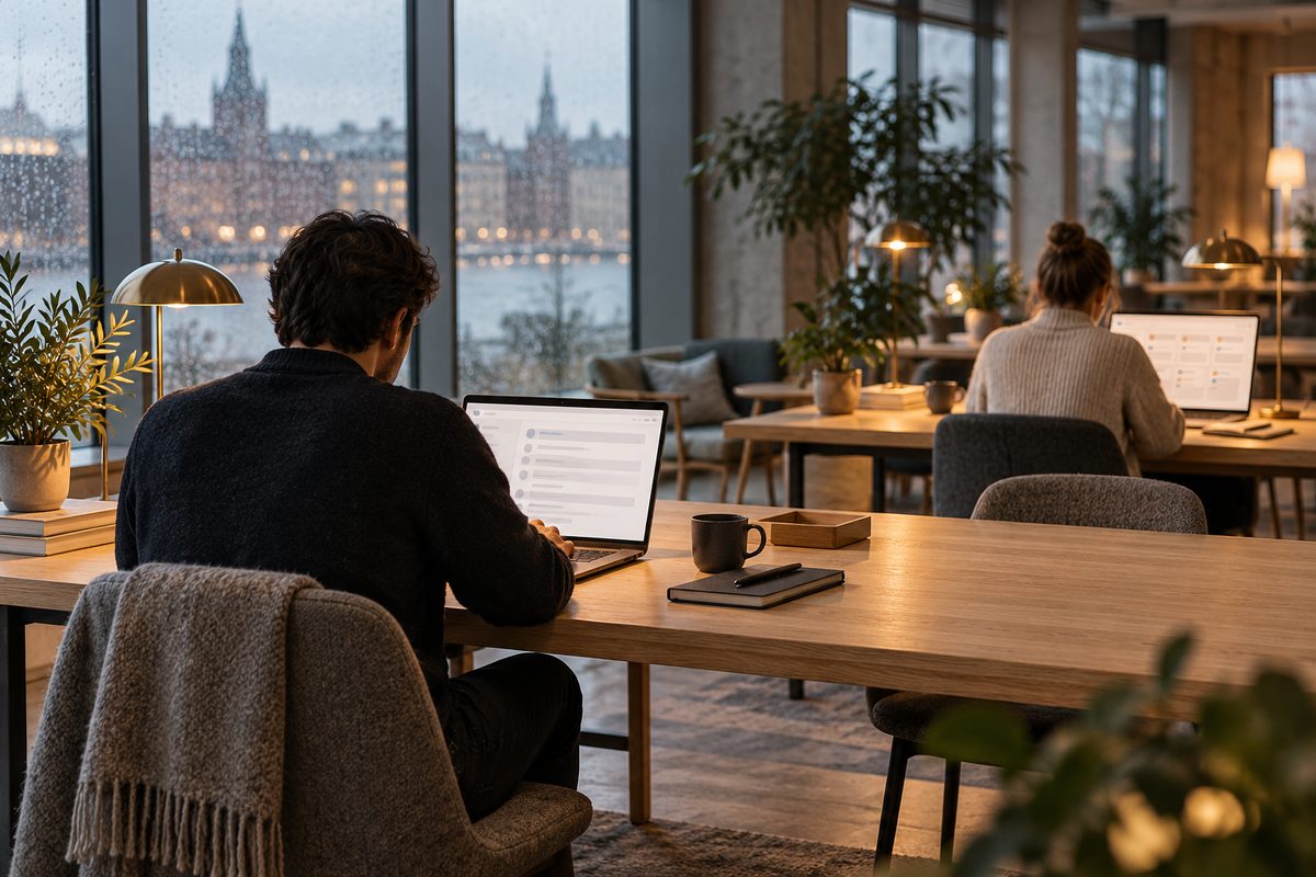 To personer sett bakfra arbeider ved bærbare datamaskiner i et lyst kontorfellesskap med regnvåte vinduer og kaffekopper.