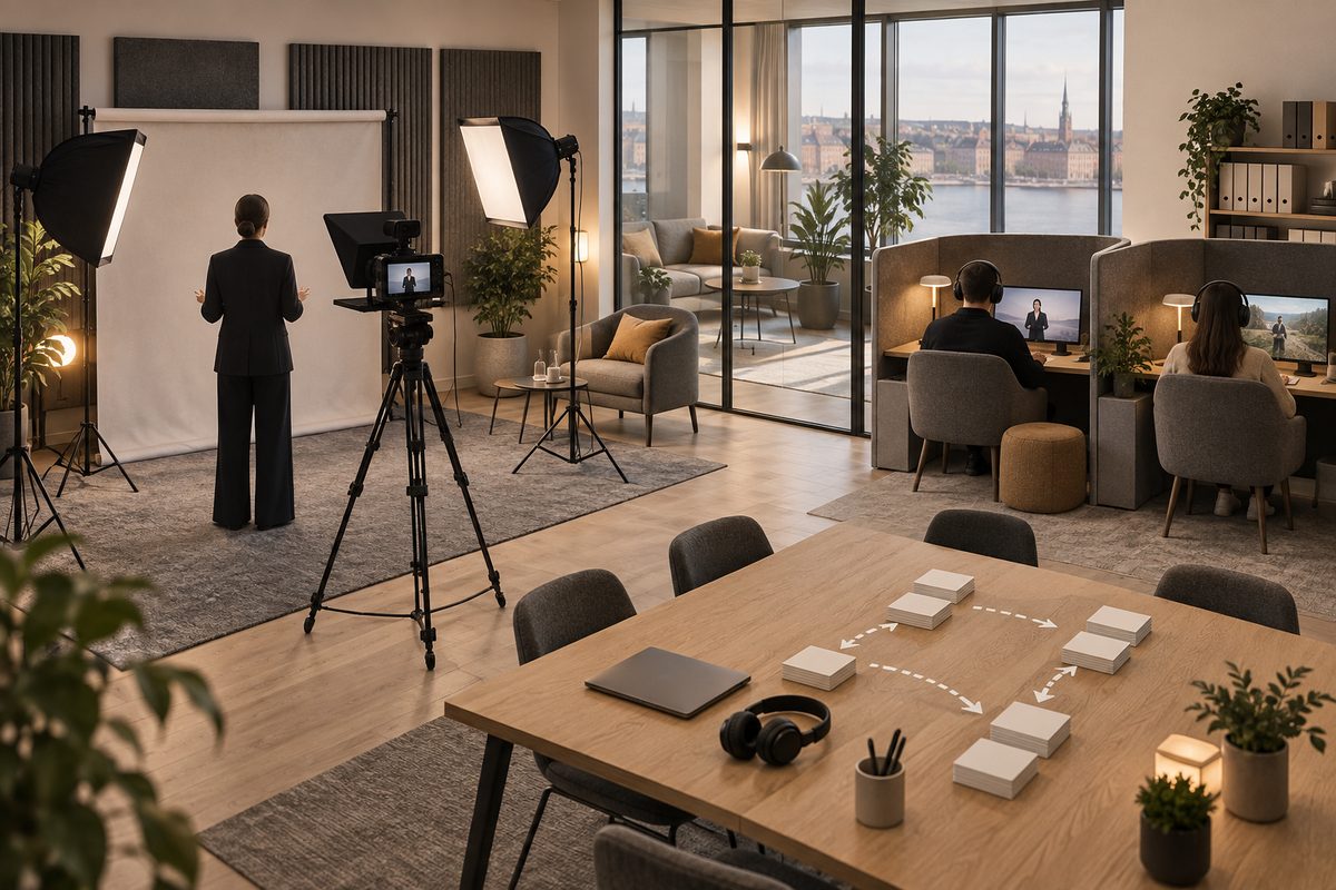 Et nordisk opplæringsstudio kombinerer opptak med kamera og lys med et bord der blanke kort deler seg i flere kursforløp.