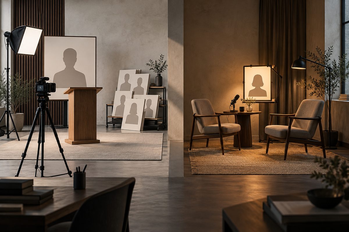 To arbeidsoppsett står side om side: et ordnet presentasjonsstudio mot en varmere samtalesituasjon med avatarportrett.