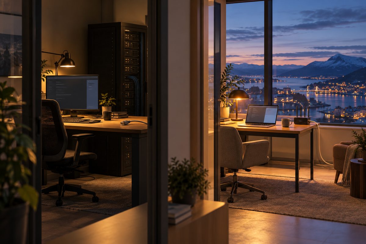 Et mørkt arbeidsrom med egen server står i kontrast til en tilkoblet PC ved vindu mot norsk fjordby i skumringen.