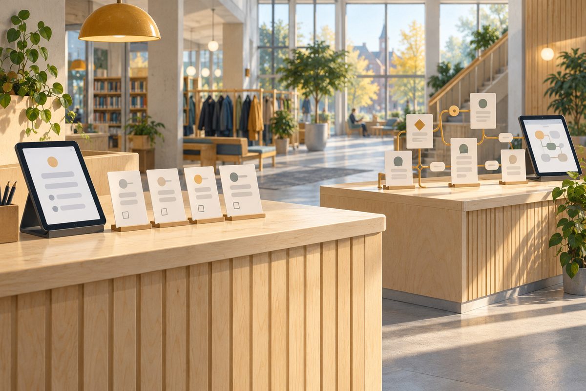 To skjemastasjoner i et lyst resepsjonsområde viser en enkel rekke med feltkort ved siden av et forgrenet spørsmålsløp.