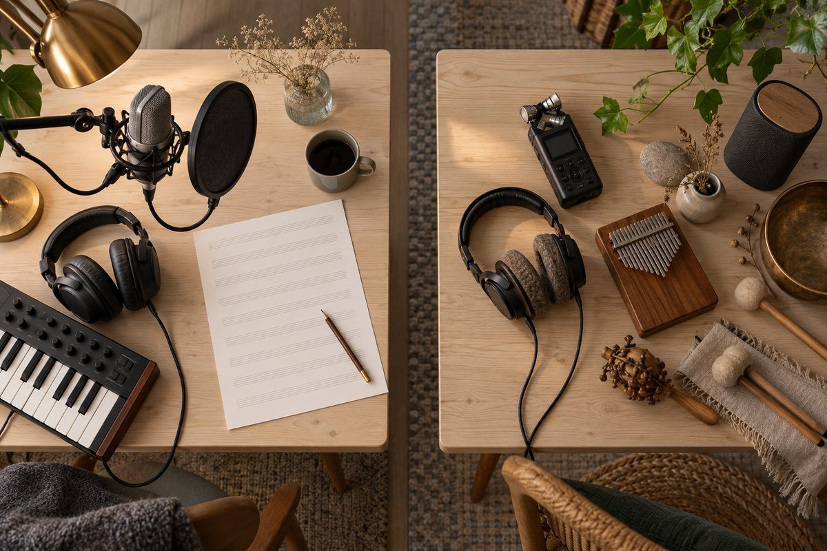 Mikrofon, keyboard og noteark står ved siden av feltopptaker, hodetelefoner og små akustiske instrumenter på lyse trebord.