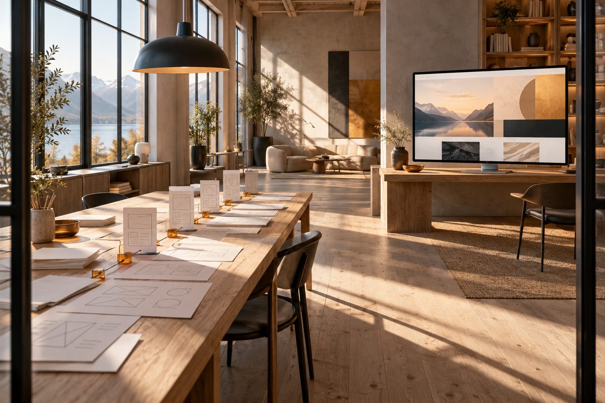 En lys designstudio viser en rekke løse papirskisser på langbordet og en stor skjerm med et ferdig, geometrisk nettdesign.
