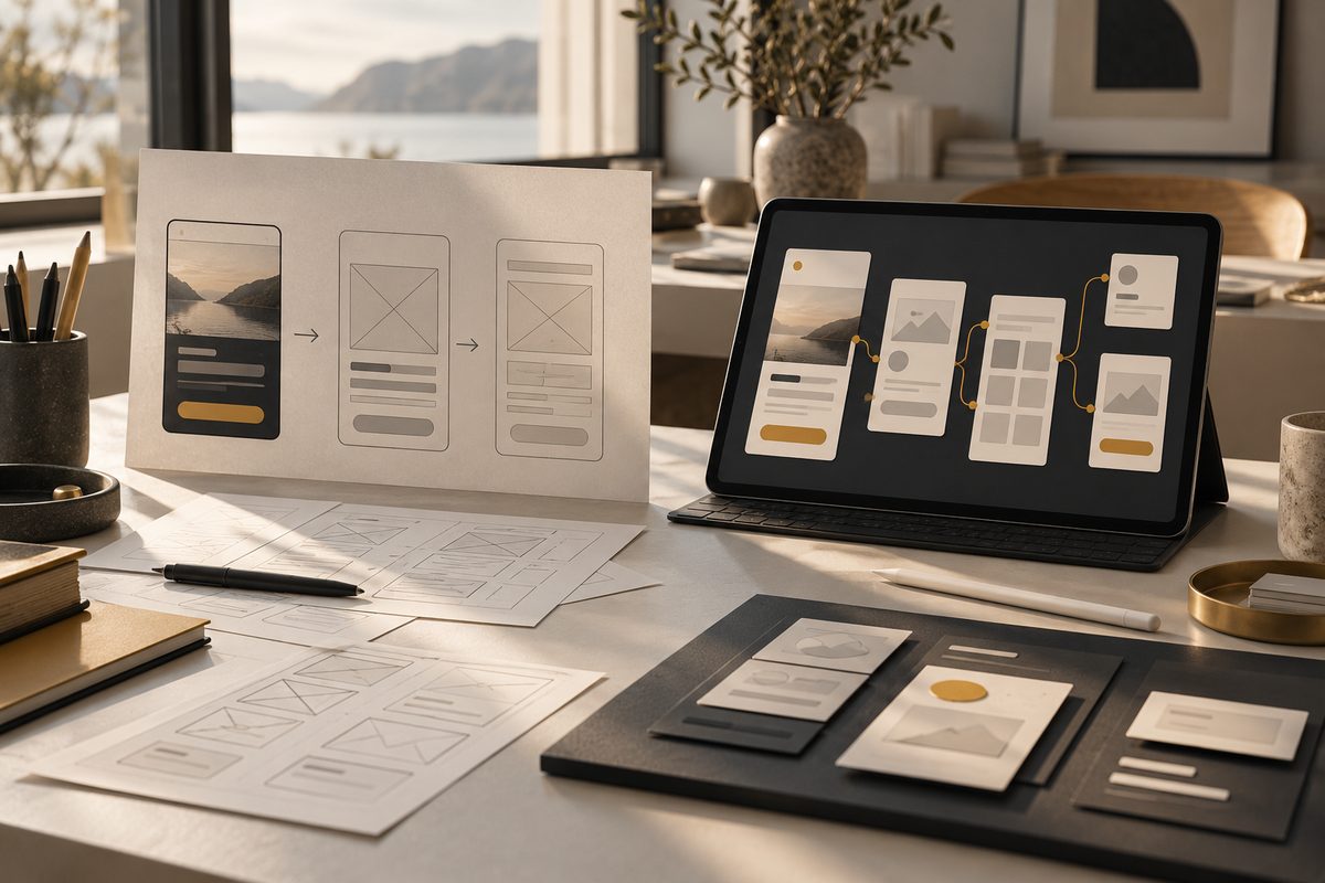 Ved et lyst nordisk designbord blir enkle papirkisser til sammenkoblede wireframe- og prototypepaneler på nettbrett.