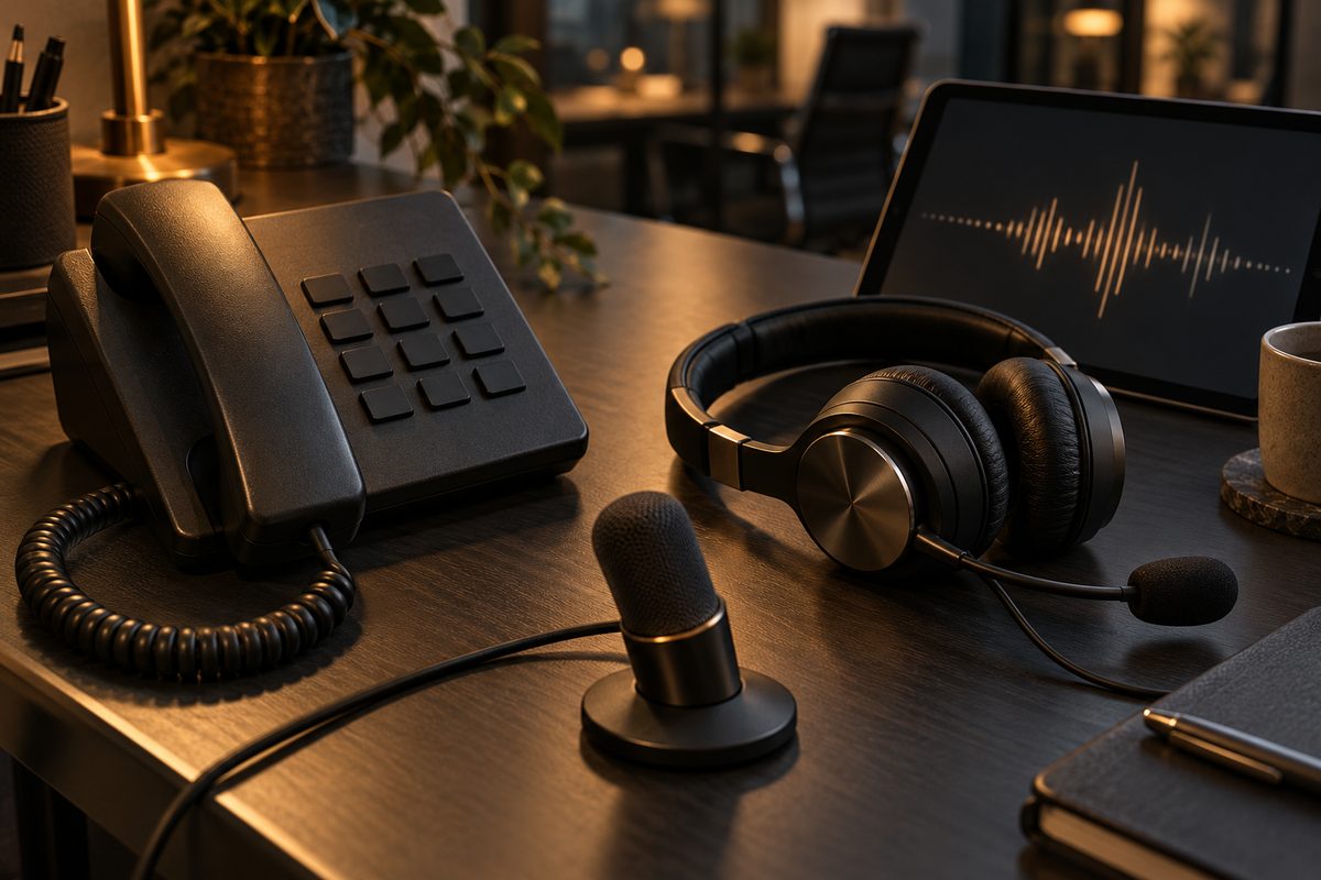 Et mørkt telefonrør, et headset og en mikrofon ligger ved siden av et nettbrett med en lys lydkurve.