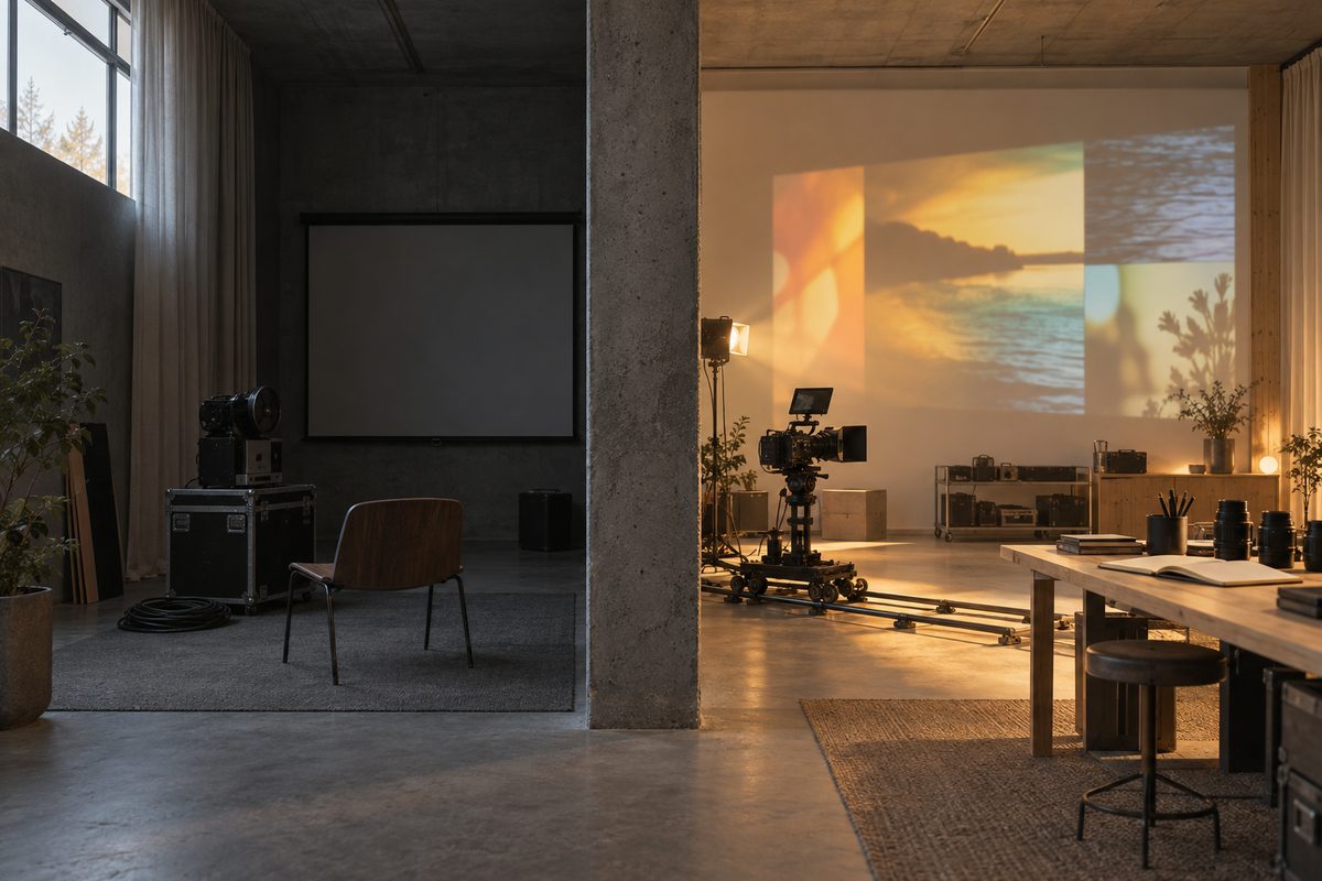 Et mørklagt visningsrom med avslått projektor står ved siden av en varm, aktiv filmproduksjon med kamera, lys og abstrakte projeksjoner.
