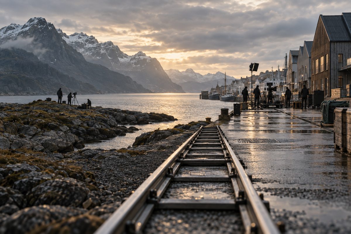 En kameraskinne leder mellom et lite filmteam ved fjorden og et større opptak på en våt nordisk kai.
