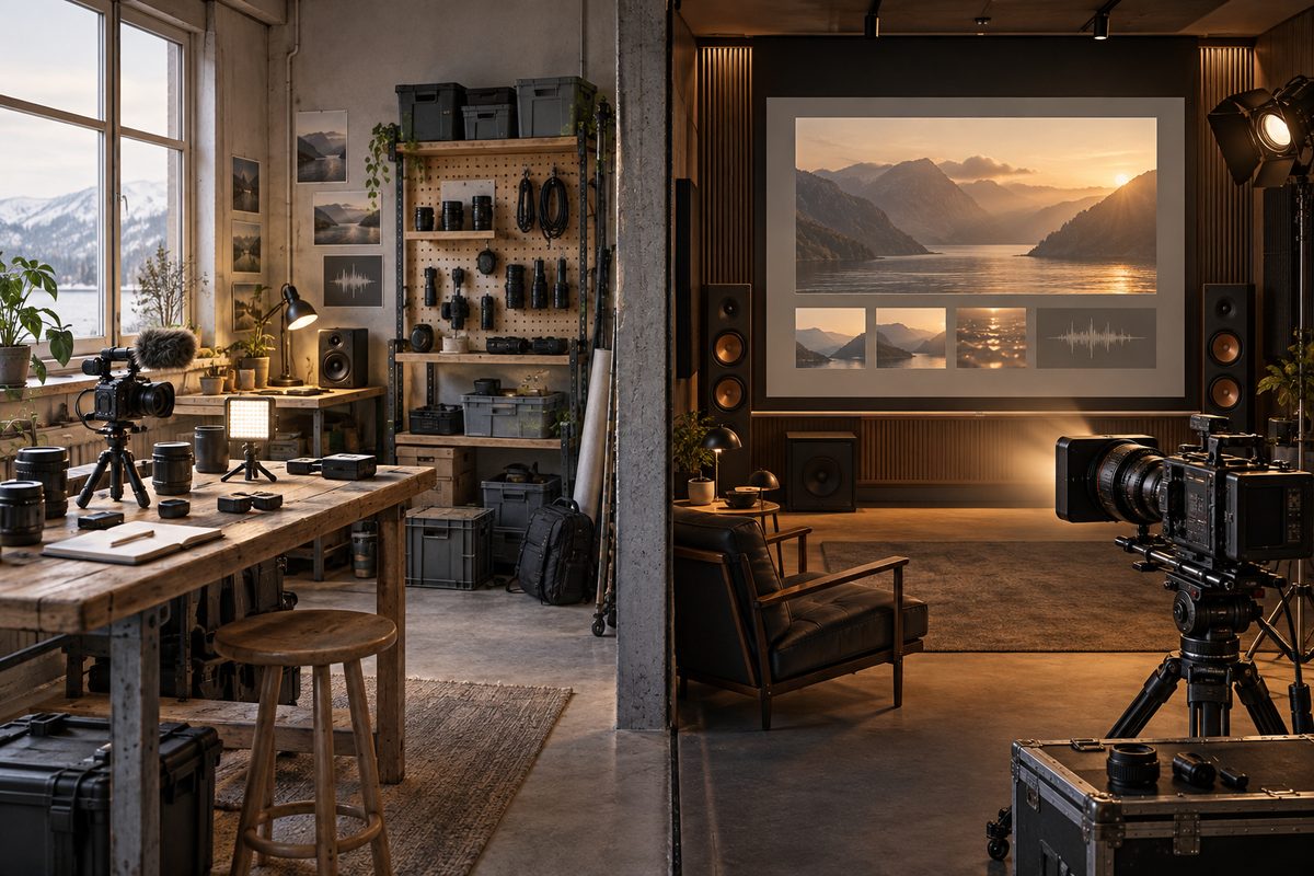 To videoproduksjonsmiljøer side om side: et modulært verksted og et polert kinostudio med kameraer, lydutstyr og fjordmotiv.