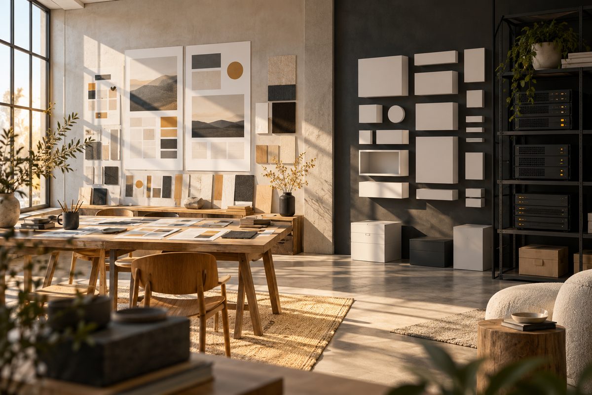 Et lyst webdesignstudio har sideutkast og fargeprøver på den ene siden, moduler og serverskap på den andre.