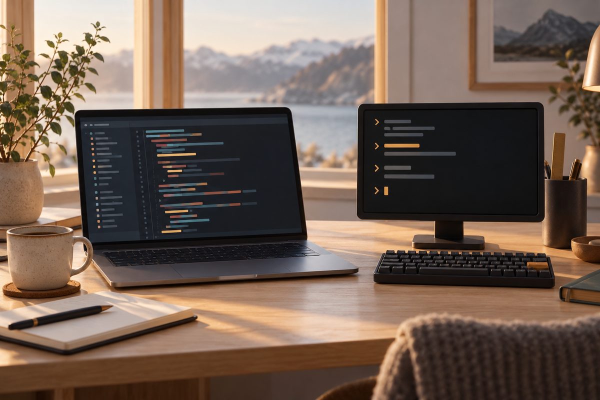 På et skrivebord ved fjordutsikt står en bærbar med fargede kodefelt ved siden av en mørk terminalskjerm og tastatur.