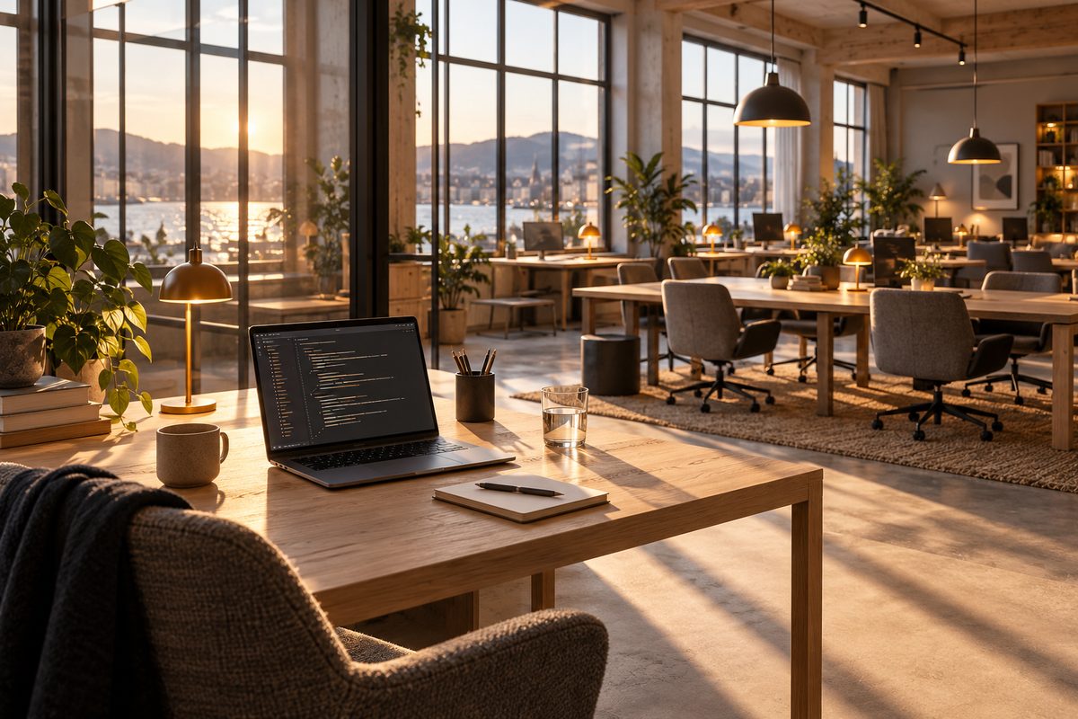 En bærbar med kodepreg står på et bord i et lyst coworkingrom med flere tomme arbeidsplasser og store vinduer.