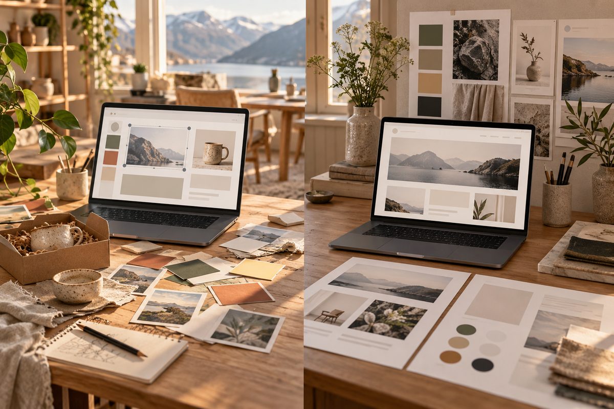 I et lyst nordisk studio står en arbeidsplass med løse fargeblokker ved siden av et ryddig moodboard og blanke nettsidemaler.