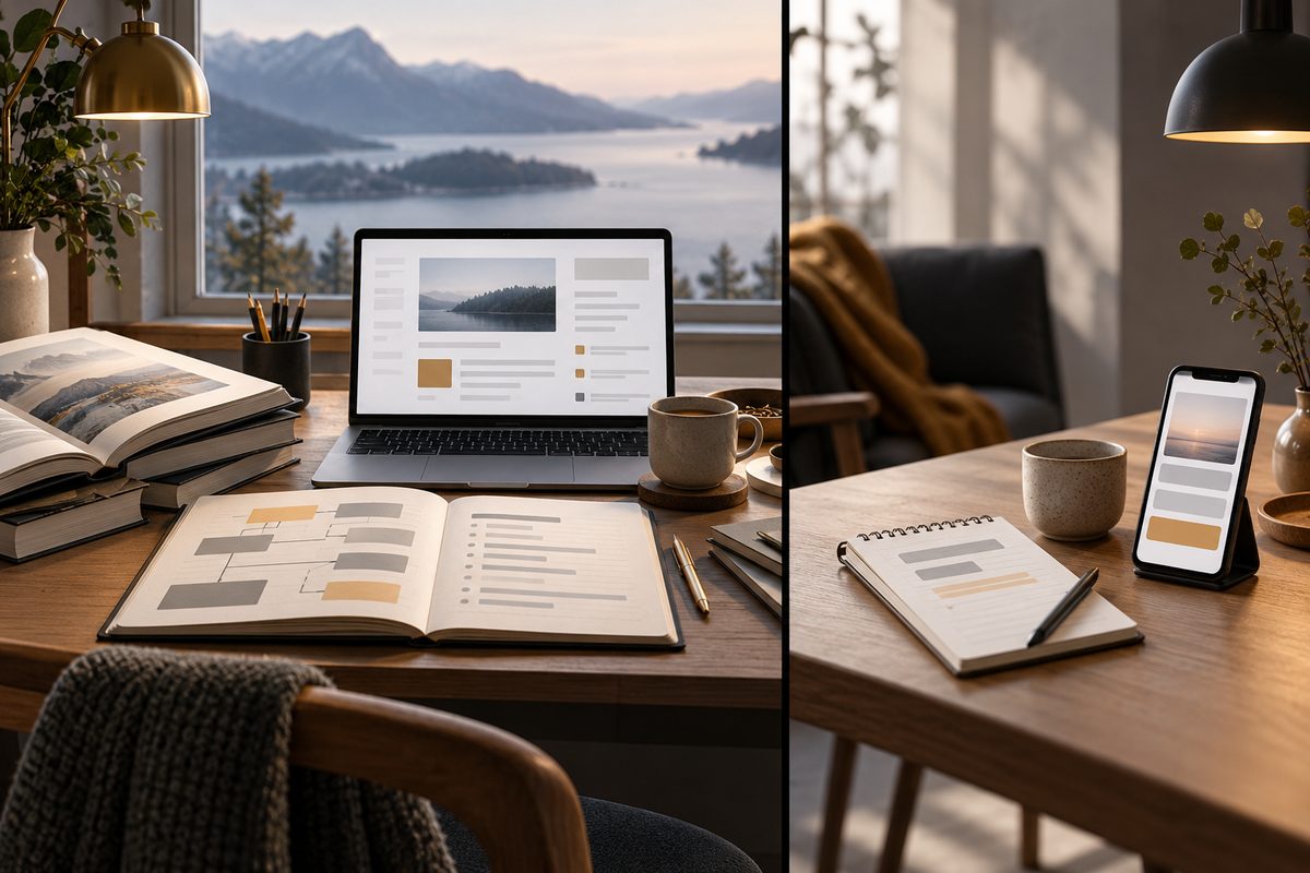 Et oversiktlig skrivebord med artikkelplan, bøker og bærbar PC står mot et enklere oppsett med notatbok og mobil.
