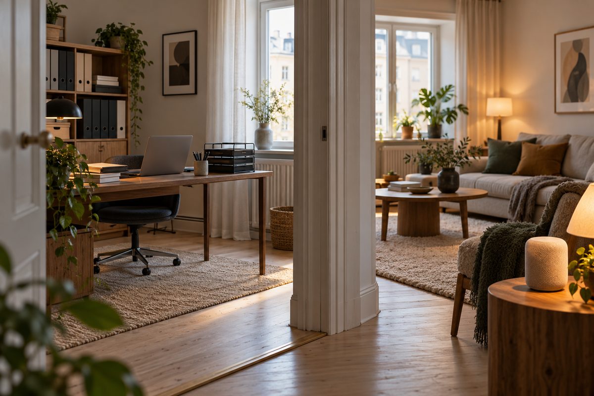 En lys leilighet deler seg mellom et hjemmekontor med dokumentbrett og en stue med lampe og liten høyttaler.