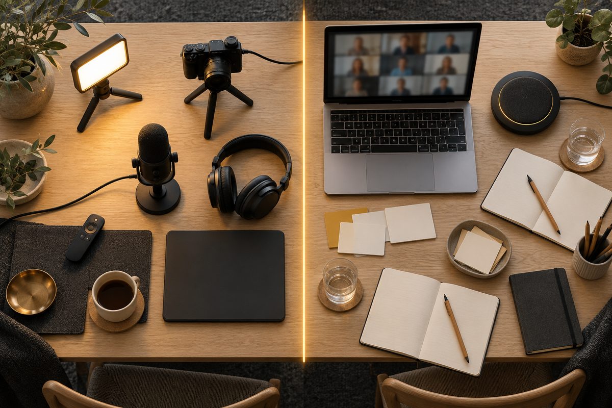 Et oversiktsbilde viser webinarutstyr med kamera og mikrofon ved siden av en laptop, høyttalertelefon og blanke møtebøker.