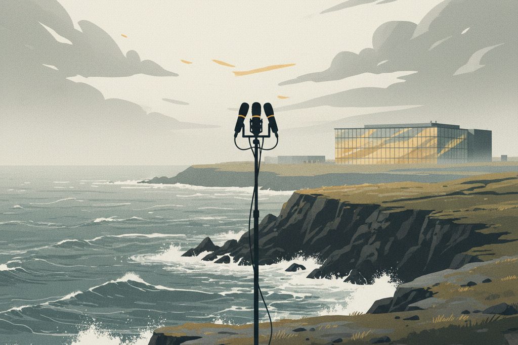 Tomt mikrofonstativ ved den irske Atlanterhavskysten, med et datasenter svakt reflektert i en glassflate.